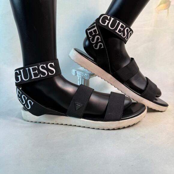 Guess Ankle Logo Black & White Chunky Ankle Strap Sandals - Picture 2 of 7
